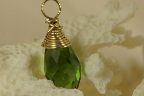 14K Gold Filled Wire Wrapped Emerald Teardrop Pendant