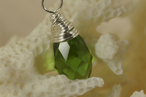 Green Crystal Briolette Wired Sterling Silver Wire Wrapped Briolette