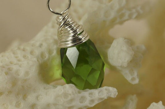 Green Crystal Briolette Wired Sterling Silver Wire Wrapped Briolette
