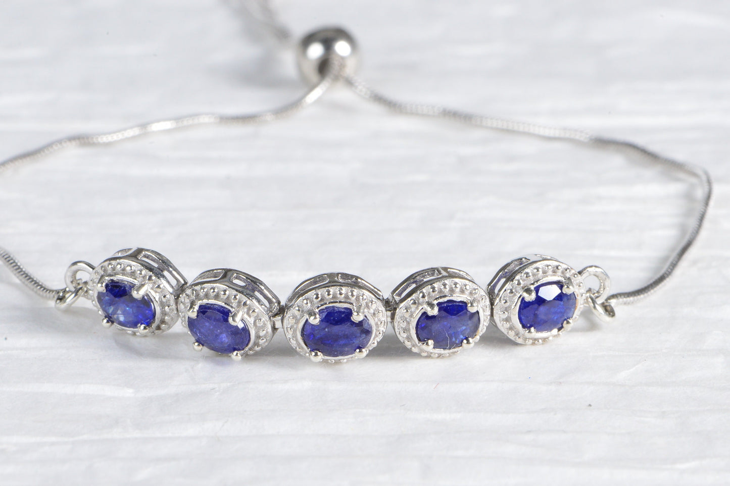 Ceylon Blue Sapphire Bolo Bracelet Adjustable Rhodium Over Sterling Silver Birthstone September