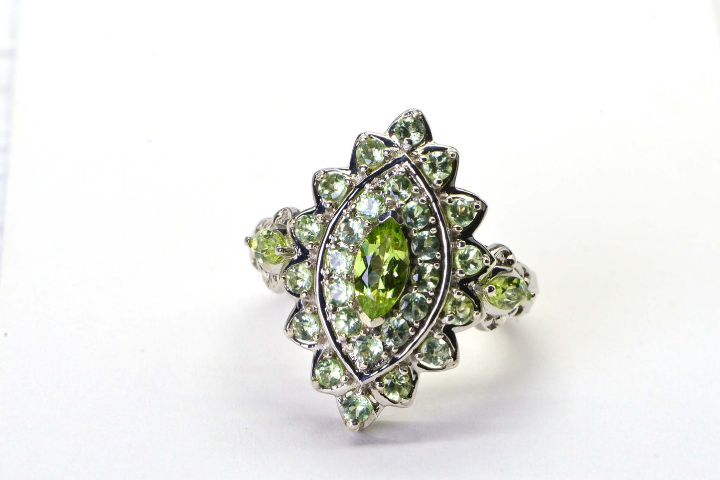 Marquise Peridot & Green Amethyst Cluster Ring - Sterling Silver