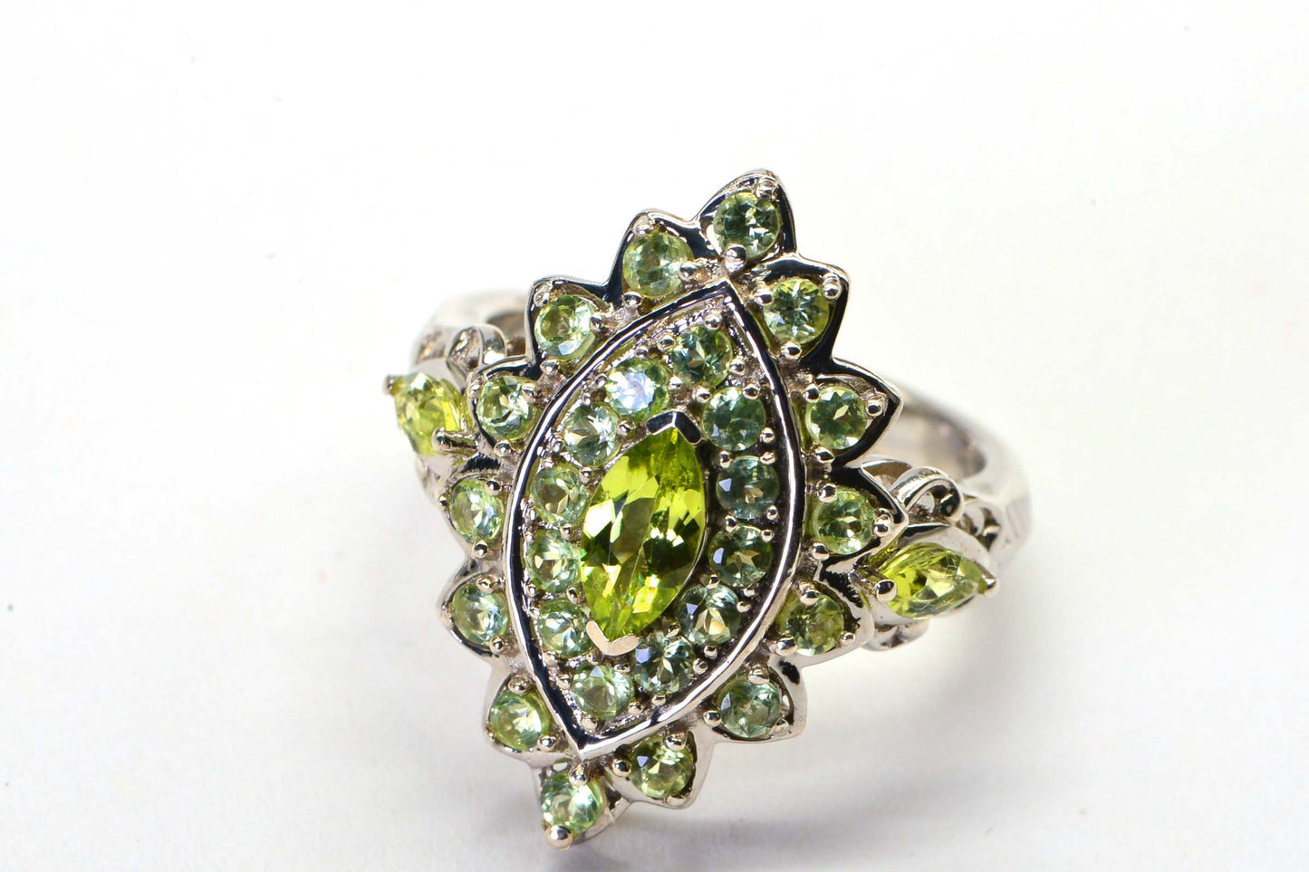 Marquise Peridot & Green Amethyst Cluster Ring - Sterling Silver