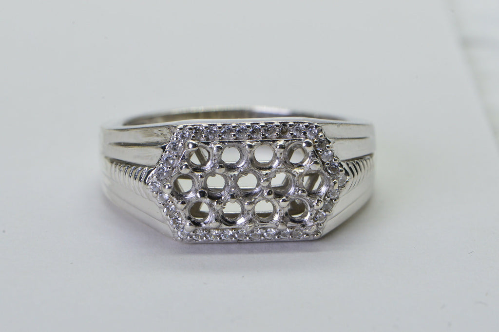 Solid Silver Men's Ring: Round Cut Multi Stone Semi Mount, Size 12