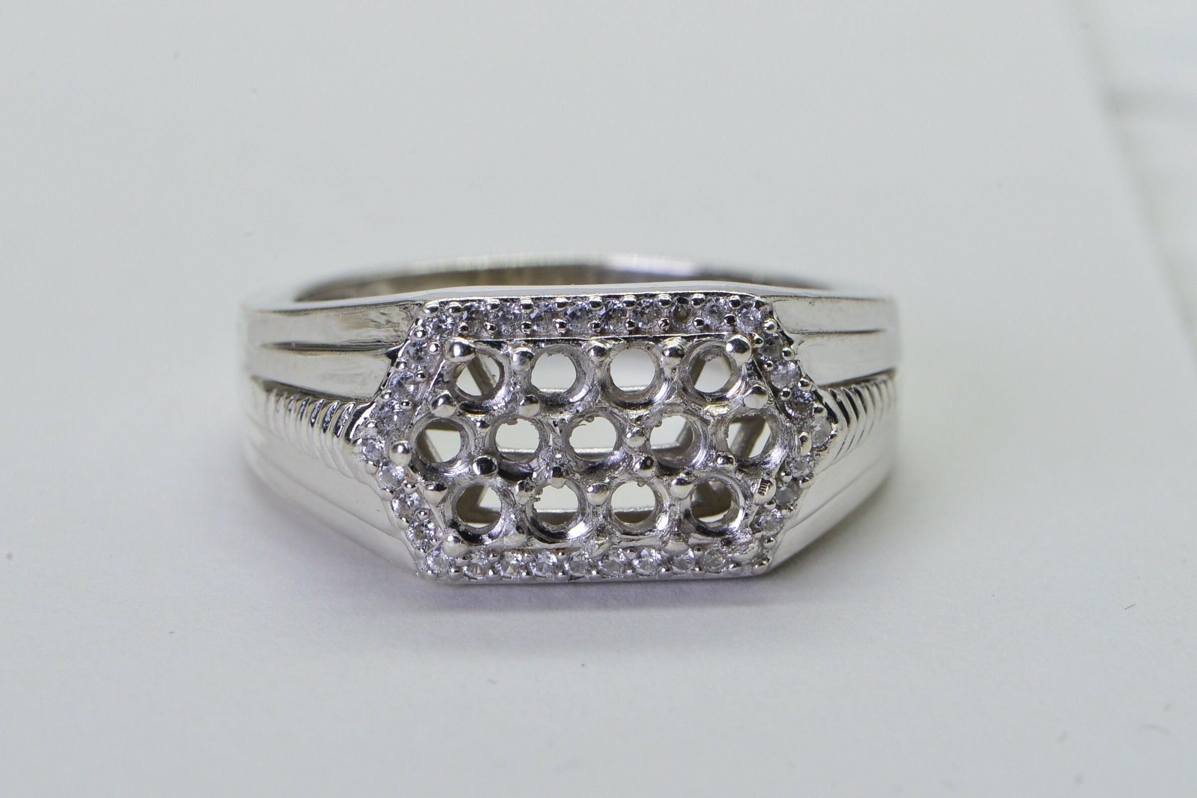 Solid Silver Men's Ring: Round Cut Multi Stone Semi Mount, Size 12