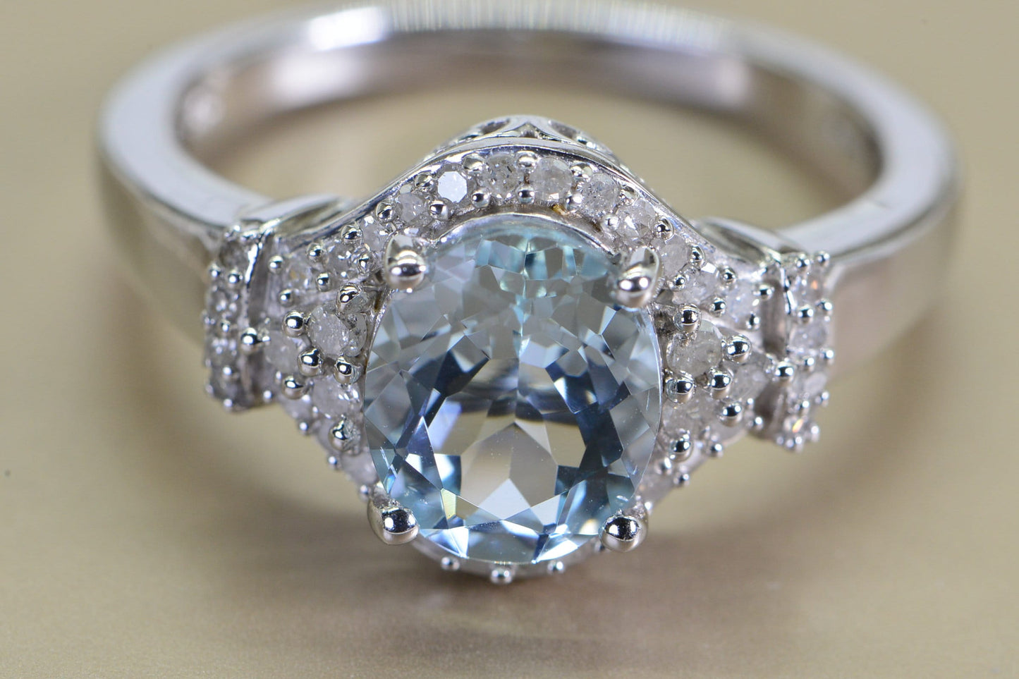 Aquamarine Diamond Halo Ring: Sterling Silver Engagement Ring