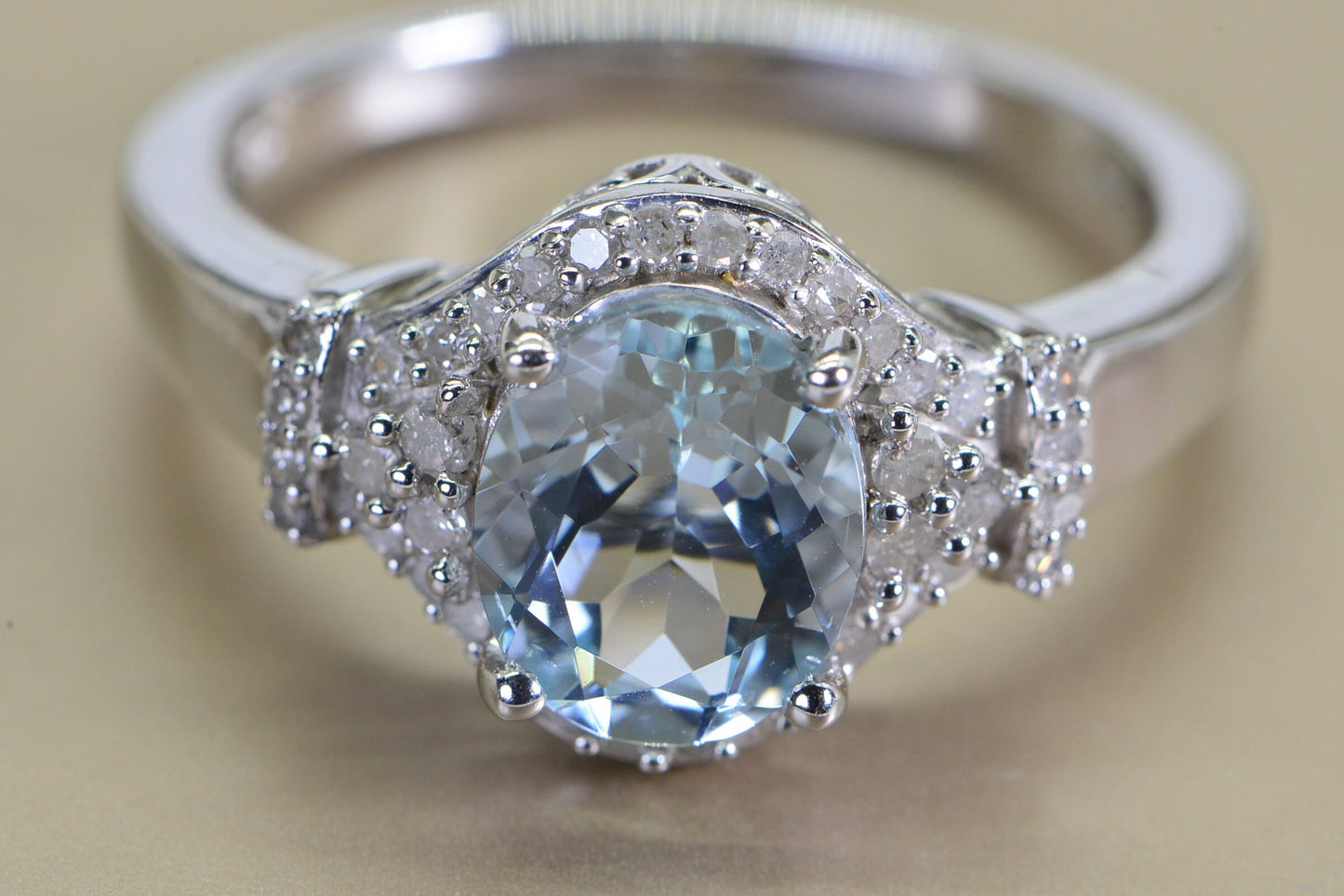 Aquamarine Diamond Halo Ring: Sterling Silver Engagement Ring