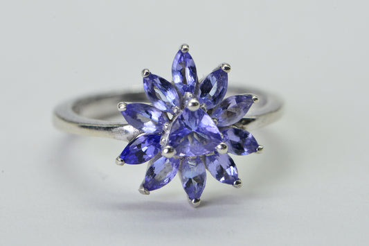 Genuine Tanzanite Flower Cluster Women Ring  Sterling Silver  Cocktail Ring Birthstone December