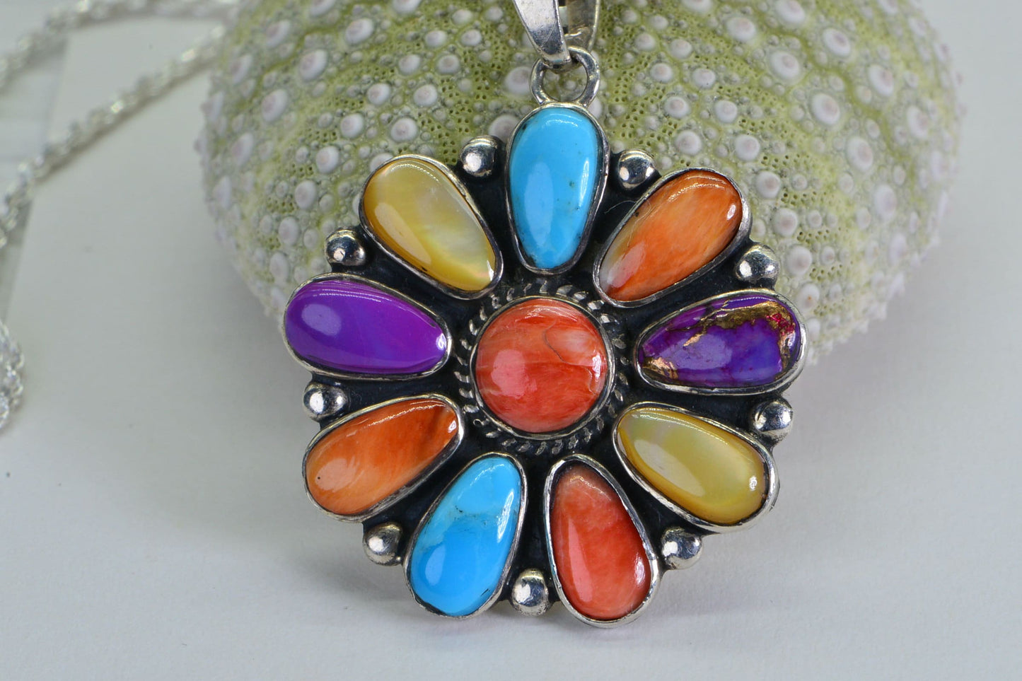 Spiny Oyster Shell Inlay Arizona Sleeping Beauty Turquoise Necklace Pendant Sterling Silver Gemstone necklace