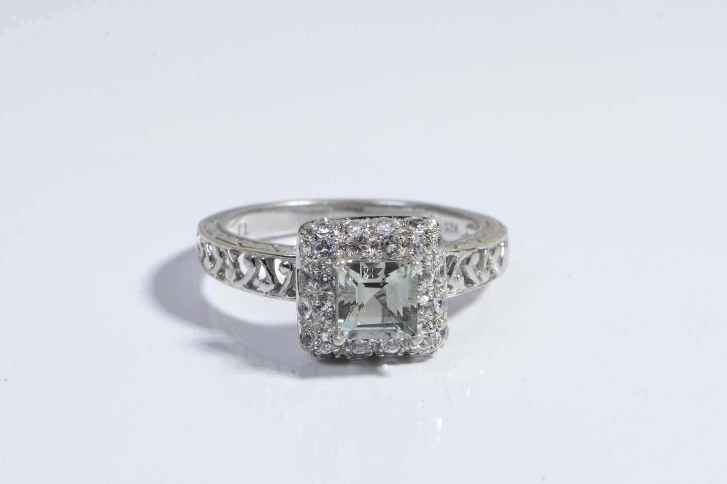 Green Amethyst Princess Cut Sterling Silver Ring with CZ Halo