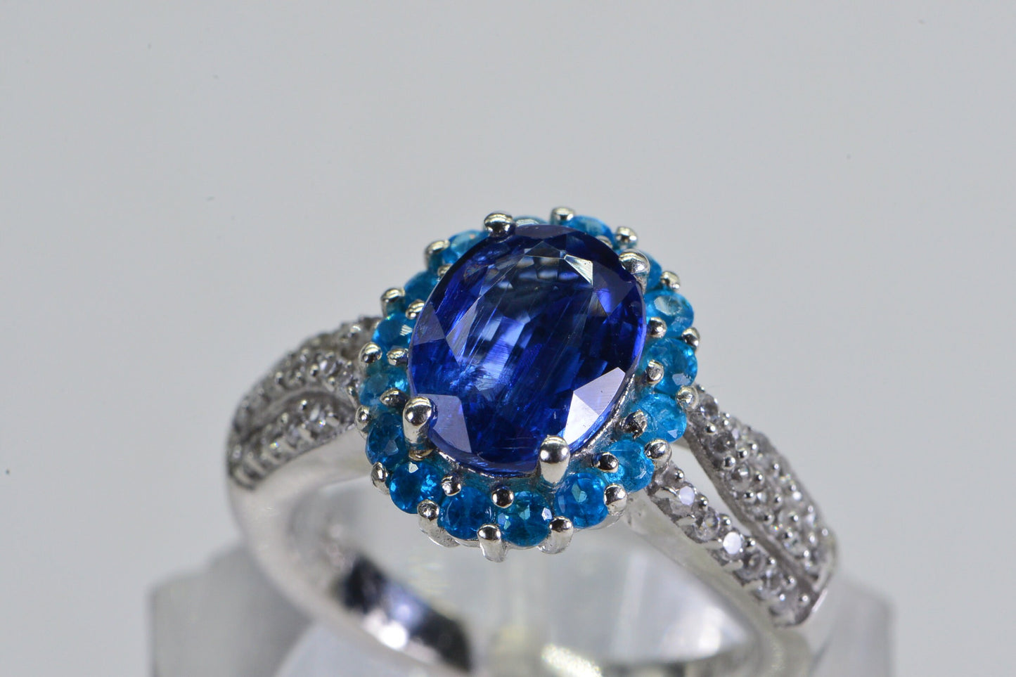 Sapphire & Apatite Halo Ring: Sterling Silver CZ Accent
