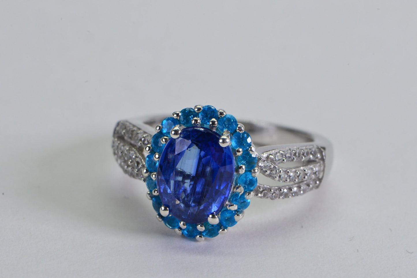 Sapphire & Apatite Halo Ring: Sterling Silver CZ Accent