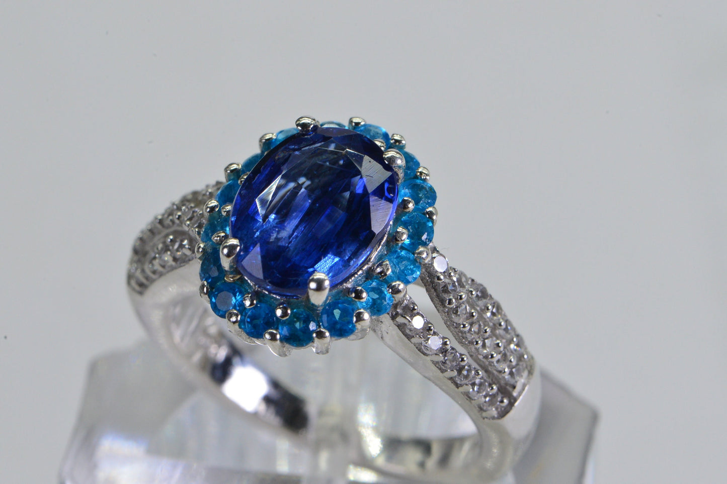 Sapphire & Apatite Halo Ring: Sterling Silver CZ Accent