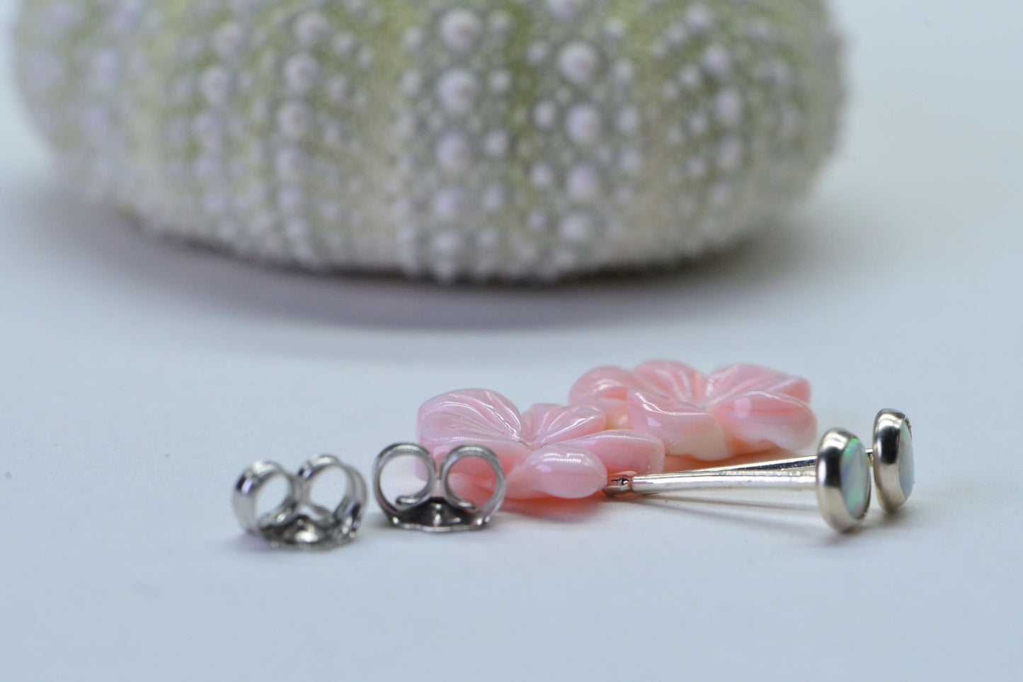 Queen Conch Pink Rose Earrings: Carved Floral Opal Sterling Silver Studs