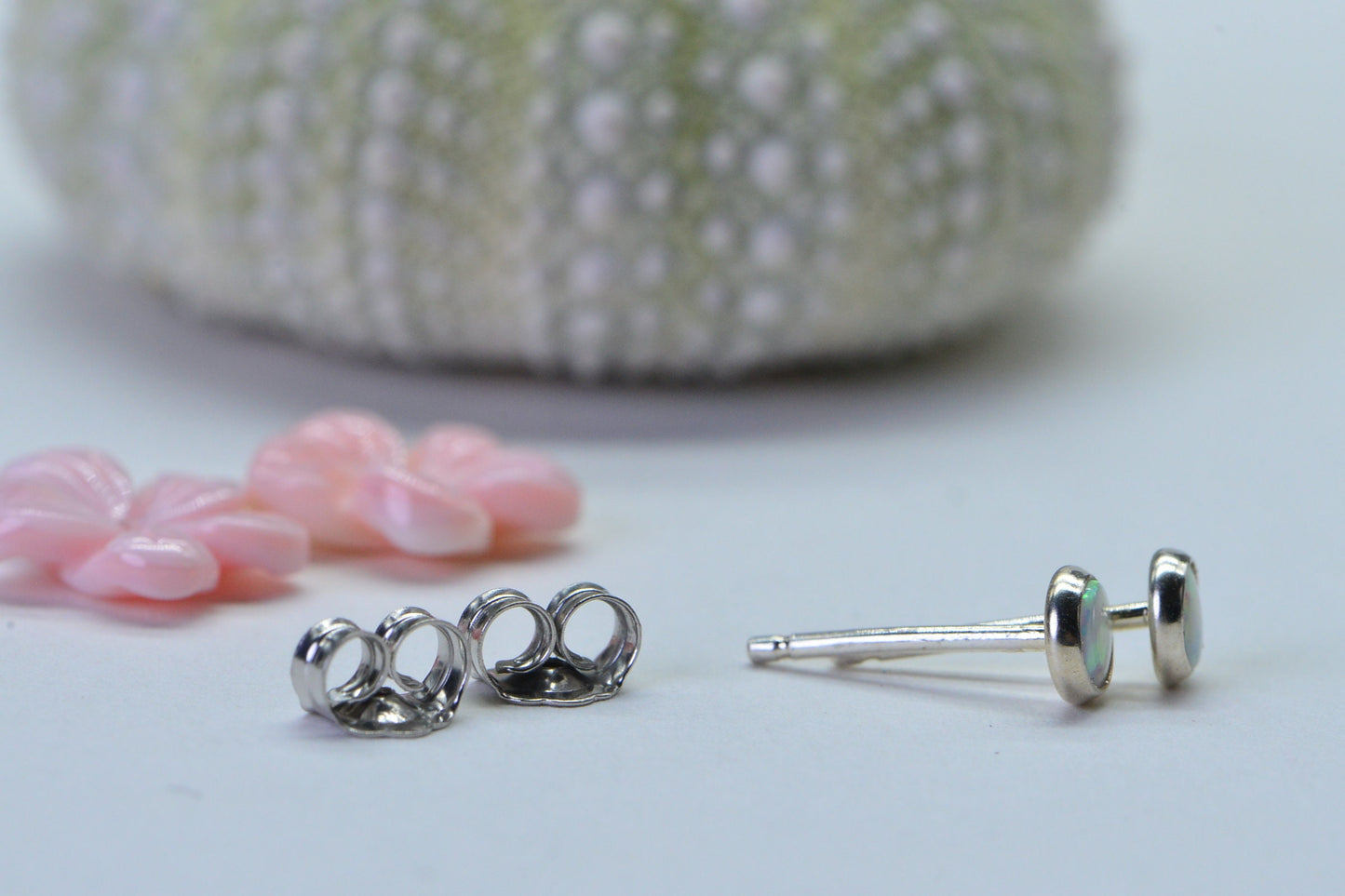 Queen Conch Pink Rose Earrings: Carved Floral Opal Sterling Silver Studs