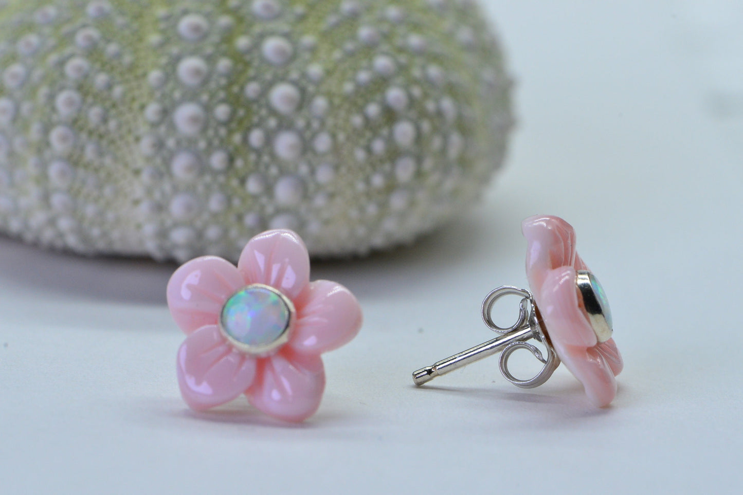 Queen Conch Pink Rose Earrings: Carved Floral Opal Sterling Silver Studs