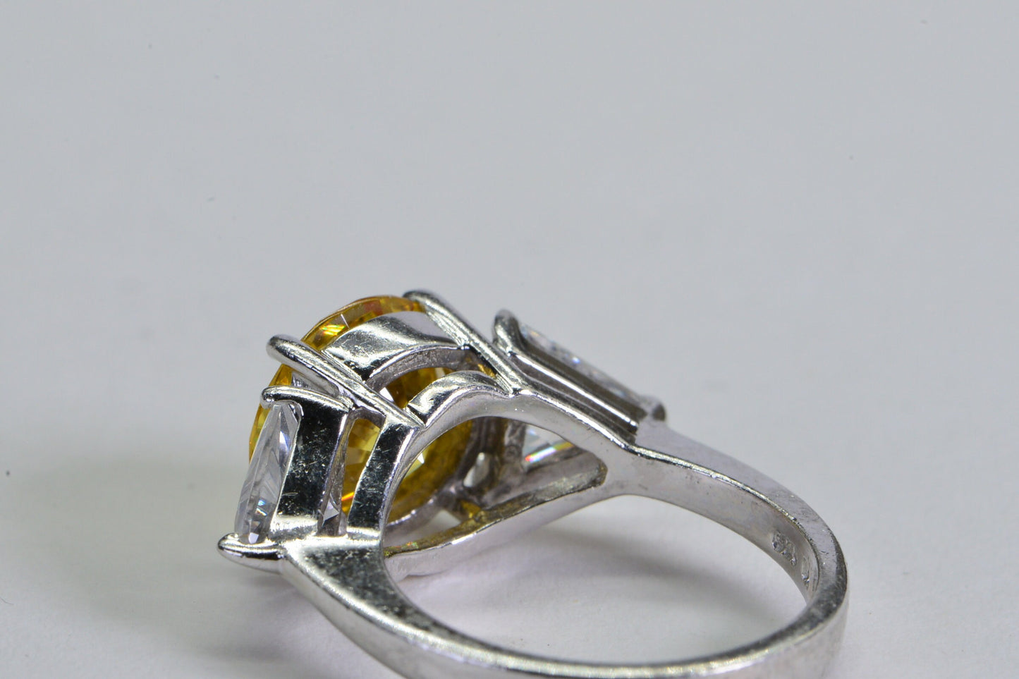 Simulated Yellow Diamond Ring: Sterling Silver Trilogy Engagement Ring, Size 6