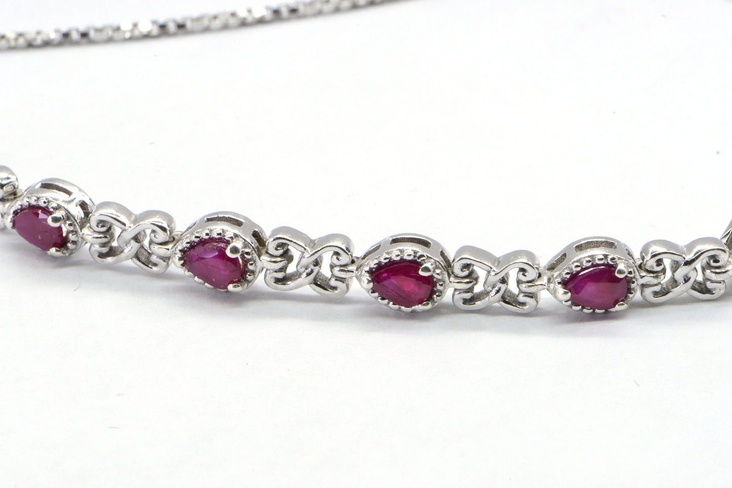 Sterling Silver Ruby Bracelet, Pear Gemstone Link Chain, July Birthstone