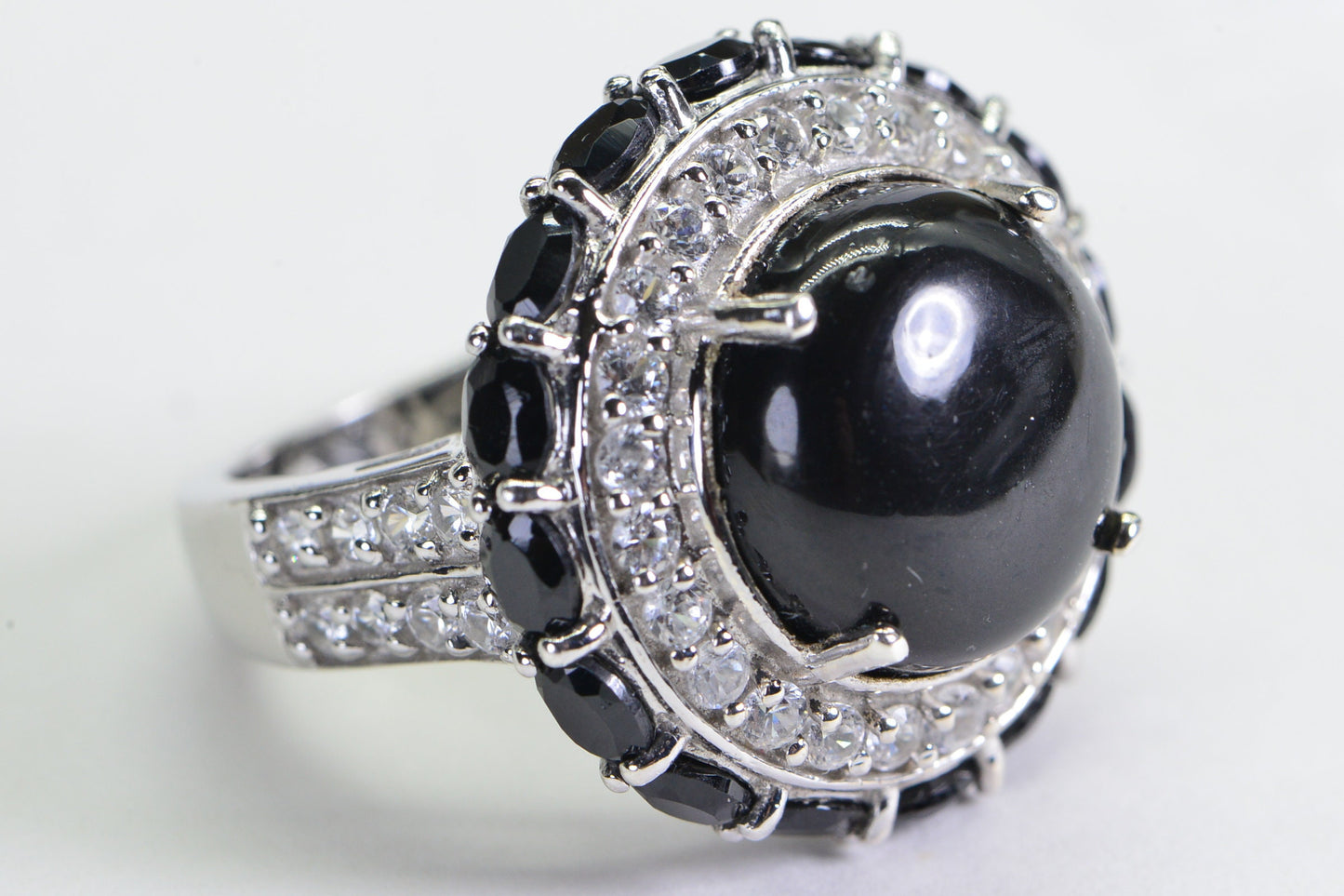 Shungite Statement Ring: Double Halo CZ, 925 Silver