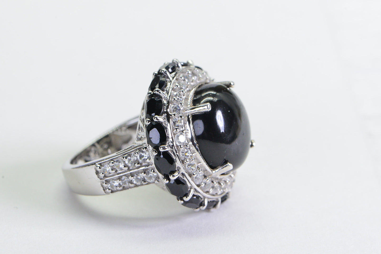 Shungite Statement Ring: Double Halo CZ, 925 Silver
