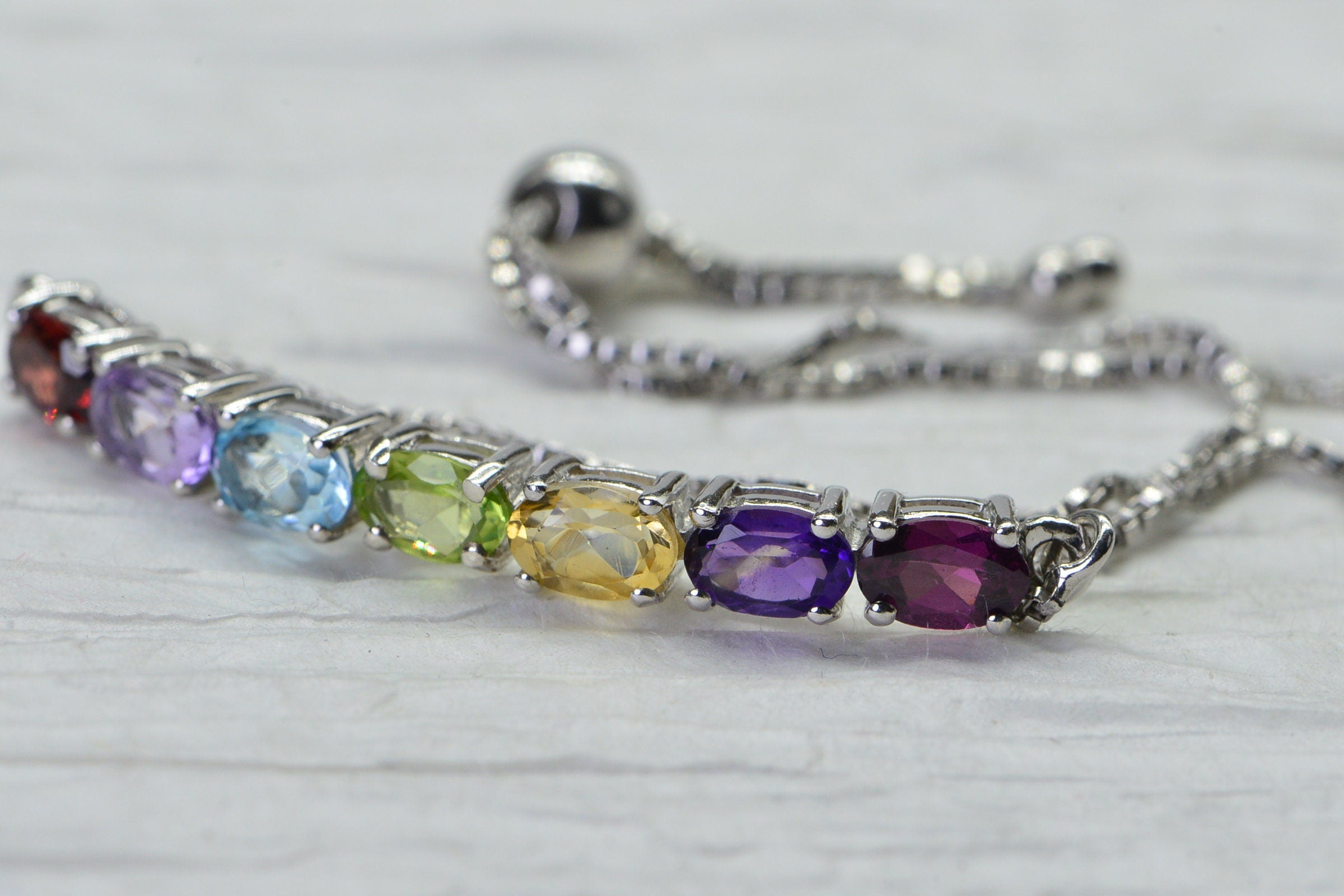 Rainbow Gemstone Bolo Bracelet: Sterling Silver Adjustable Tennis Bracelet