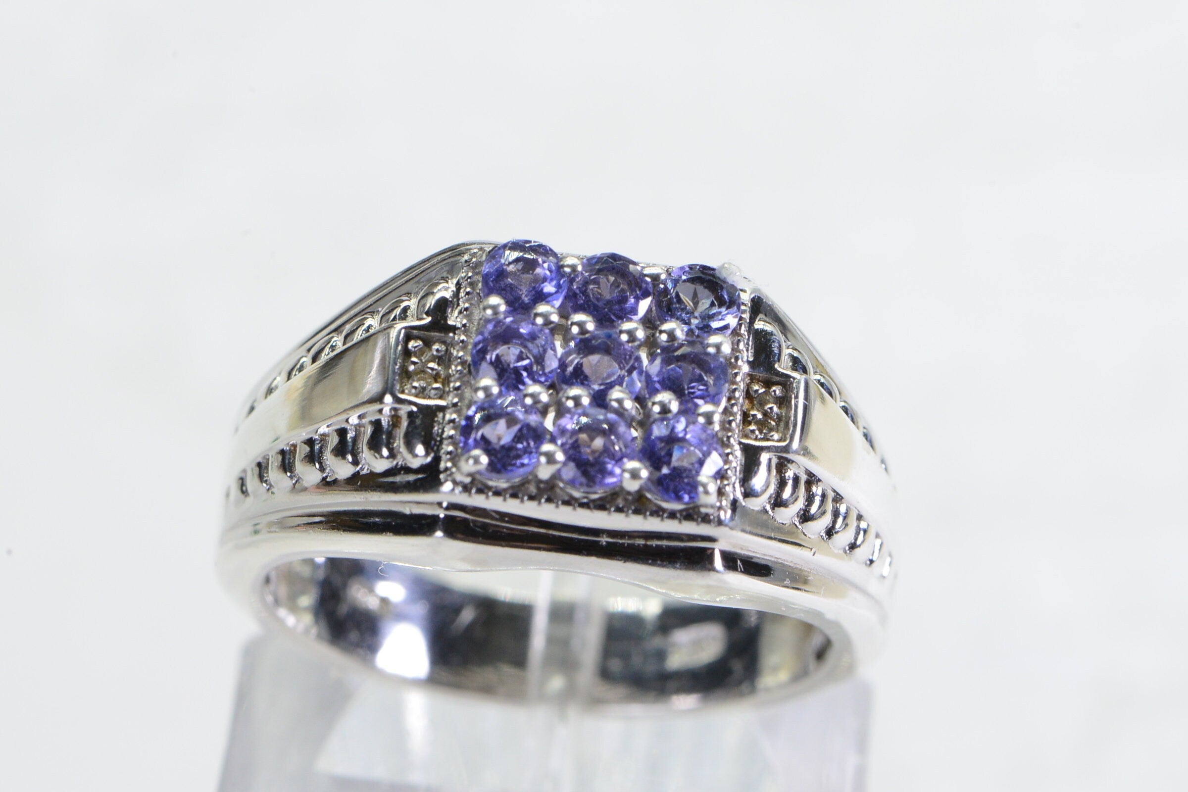 Tanzanite Solid Silver Ring for Men: Square Cluster Anniversary Ring