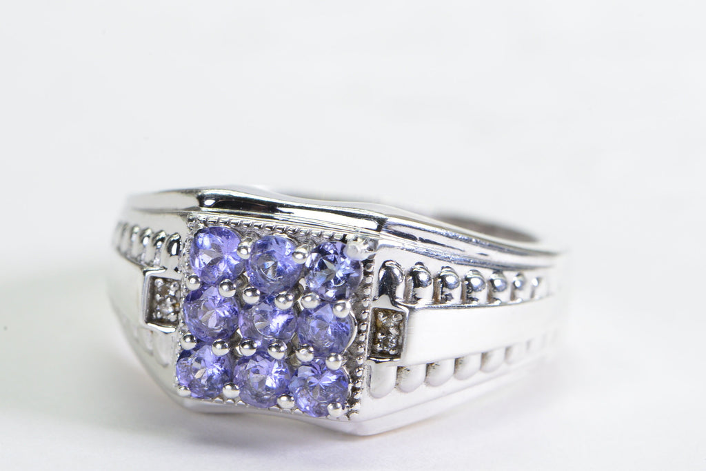 Tanzanite Solid Silver Ring for Men: Square Cluster Anniversary Ring