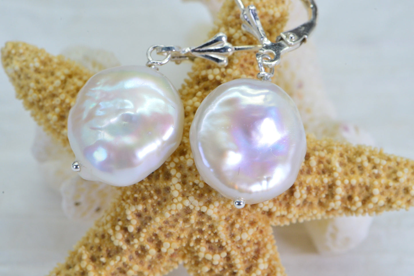 Pearl Dangle Earrings Coin AAA Pearl 14 mm Sterling silver Wire Wrapped
