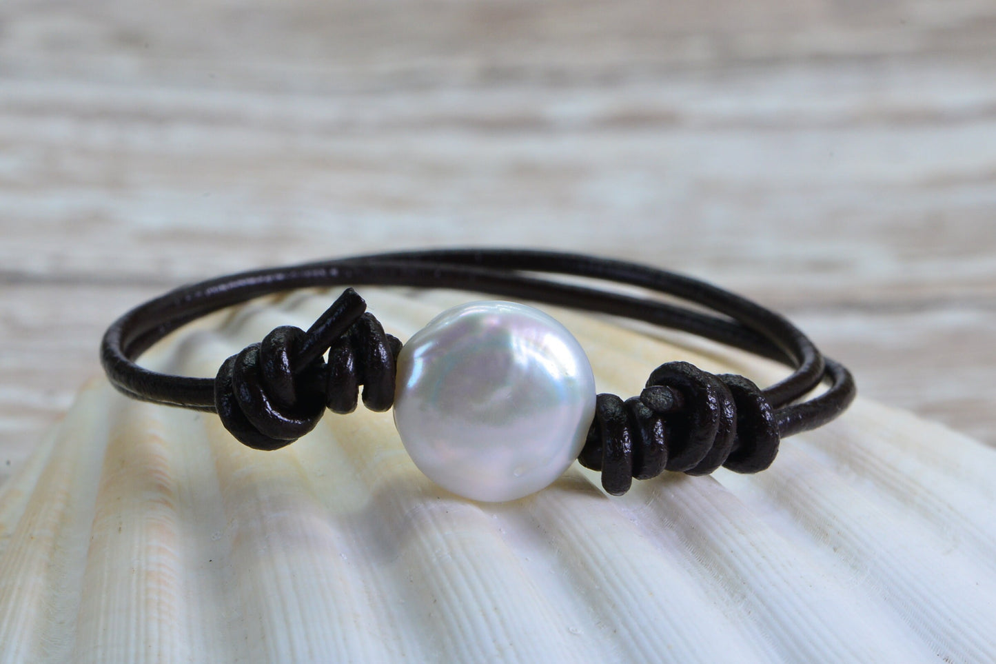 Freshwater Pearl Bracelet: Brown Leather Wrap, Adjustable Knots