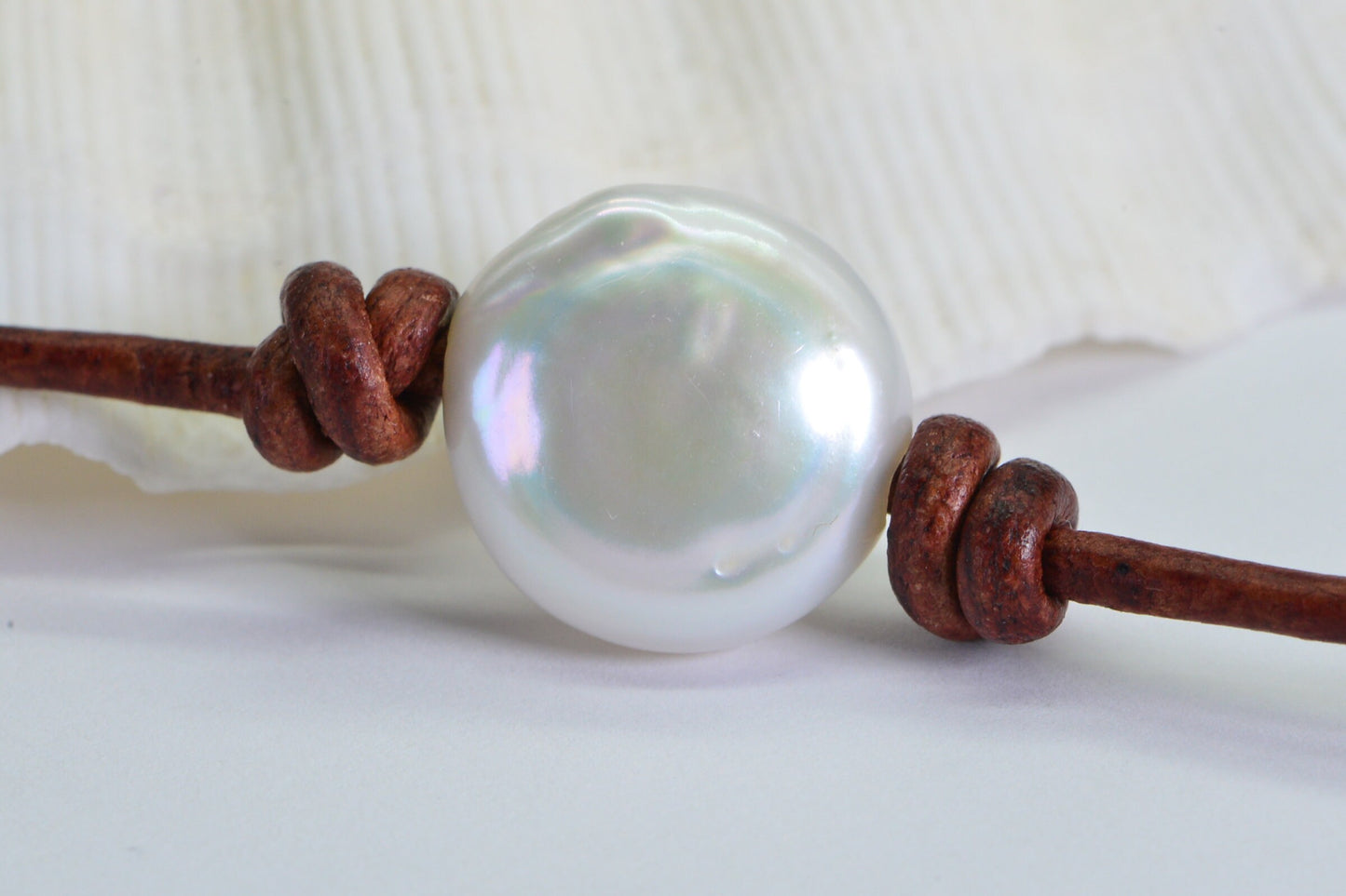 Brown Leather Choker: White Freshwater Pearl, Adjustable Necklace