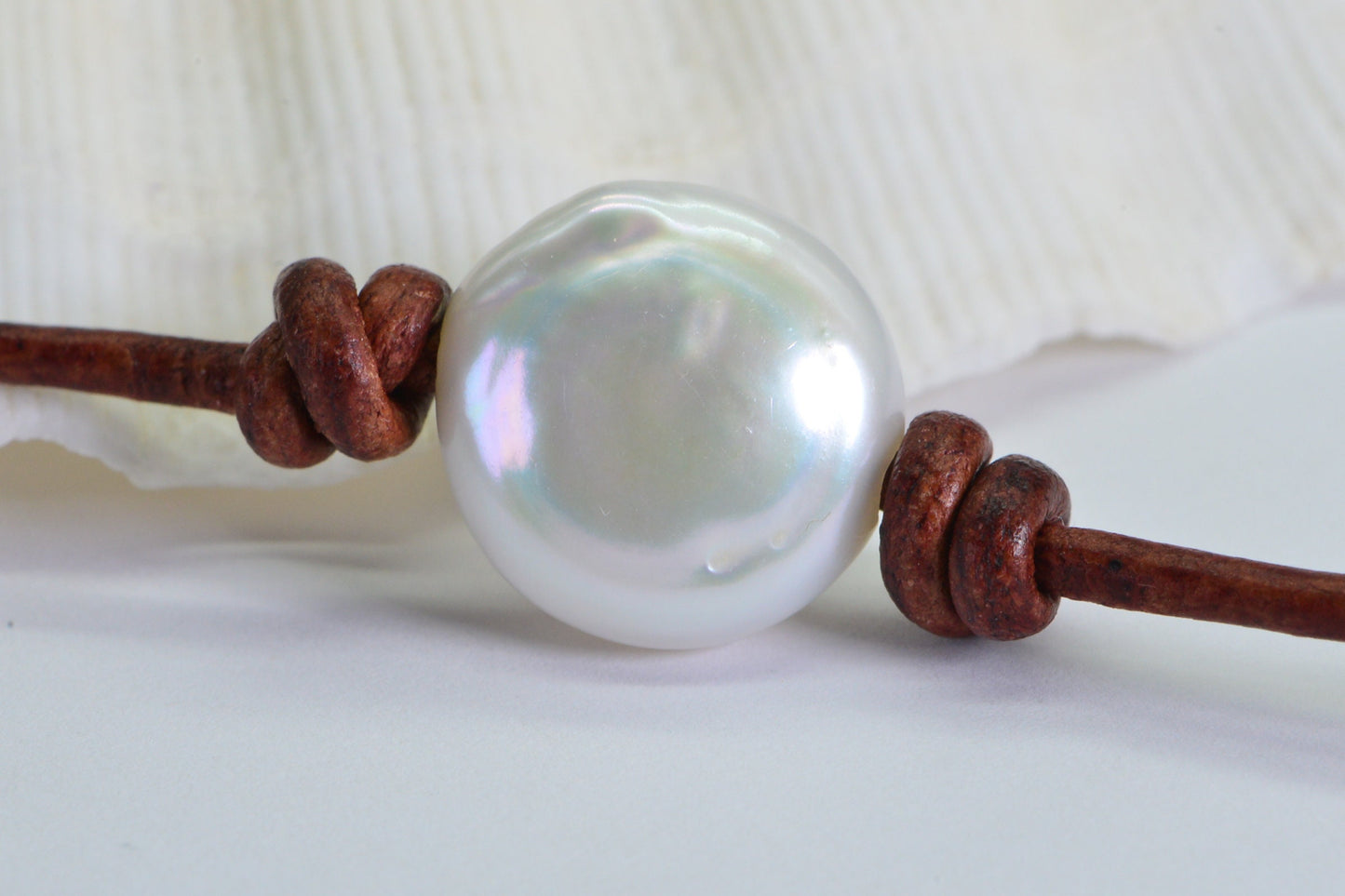 Brown Leather Choker: White Freshwater Pearl, Adjustable Necklace