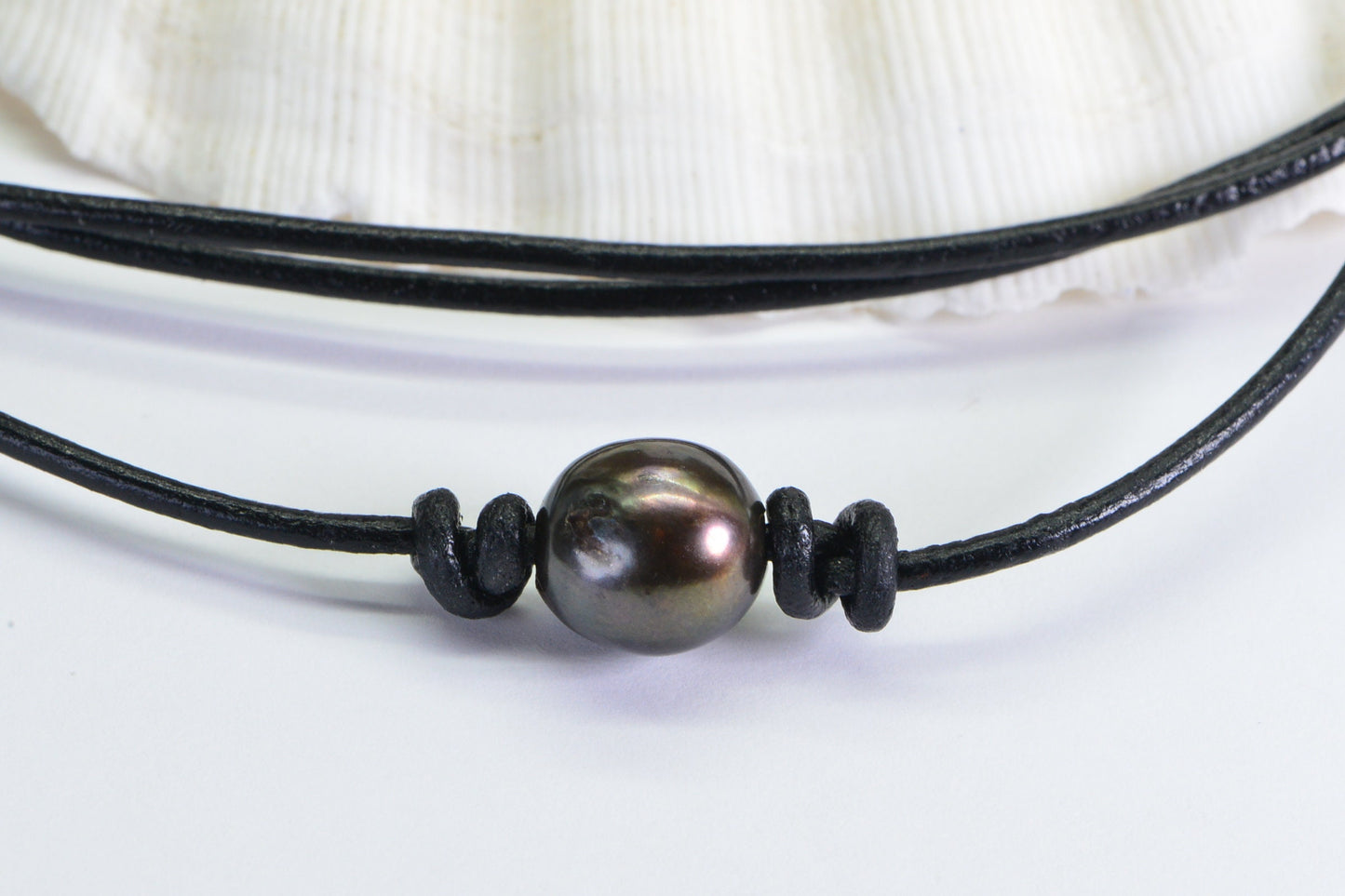 Black Leather Choker Necklace: Chocolate Pearl, Adjustable Knots