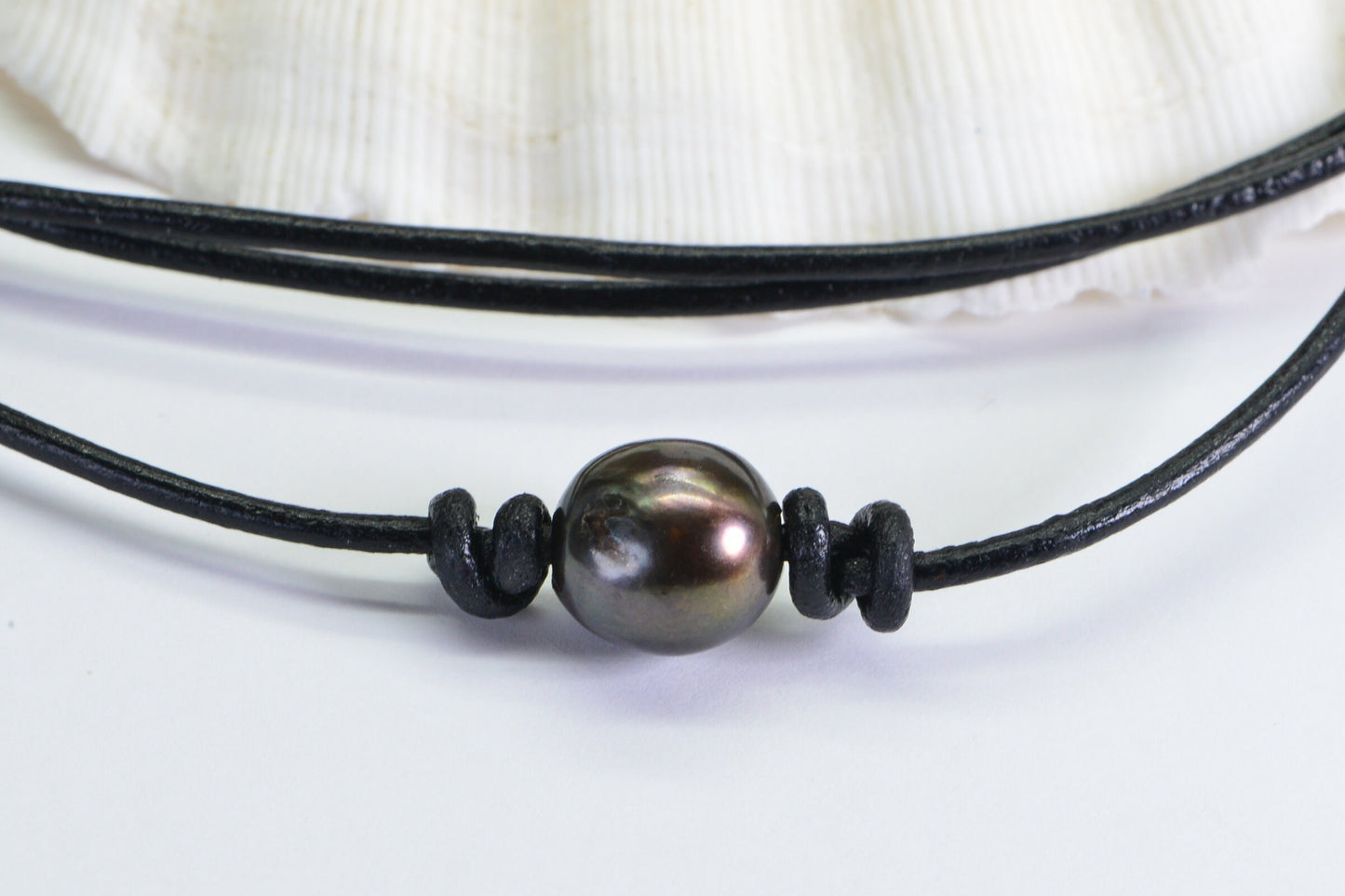 Black Leather Choker Necklace: Chocolate Pearl, Adjustable Knots