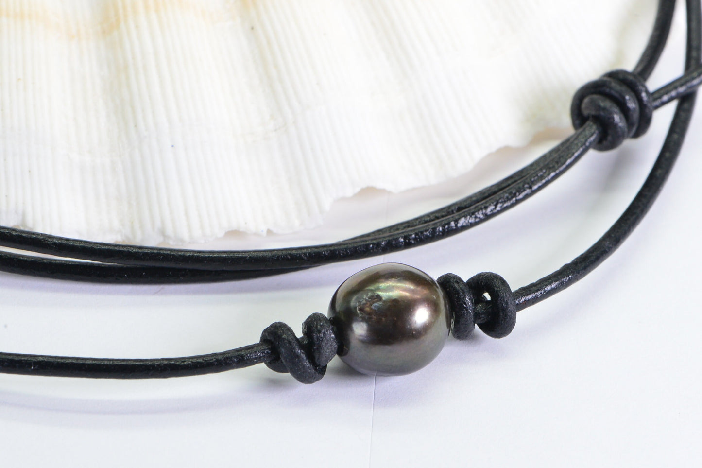 Black Leather Choker Necklace: Chocolate Pearl, Adjustable Knots