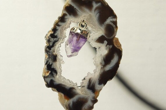Agate Druzy Slice Pendant: Sterling Silver Amethyst Necklace