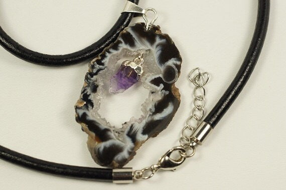 Agate Druzy Slice Pendant: Sterling Silver Amethyst Necklace