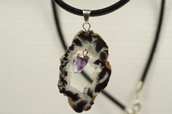 Agate Druzy Slice Pendant: Sterling Silver Amethyst Necklace