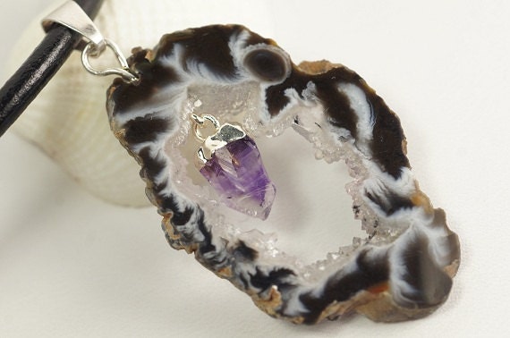 Agate Druzy Slice Pendant: Sterling Silver Amethyst Necklace