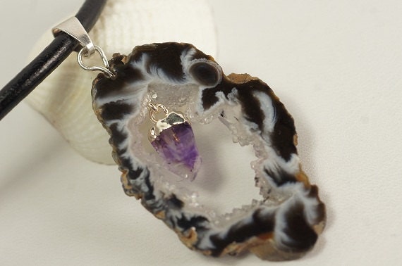 Agate Druzy Slice Pendant: Sterling Silver Amethyst Necklace