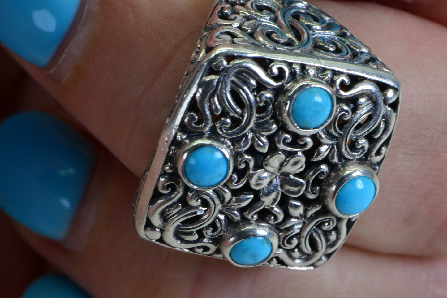 Carved Sterling Silver Turquoise Ring - Size 7