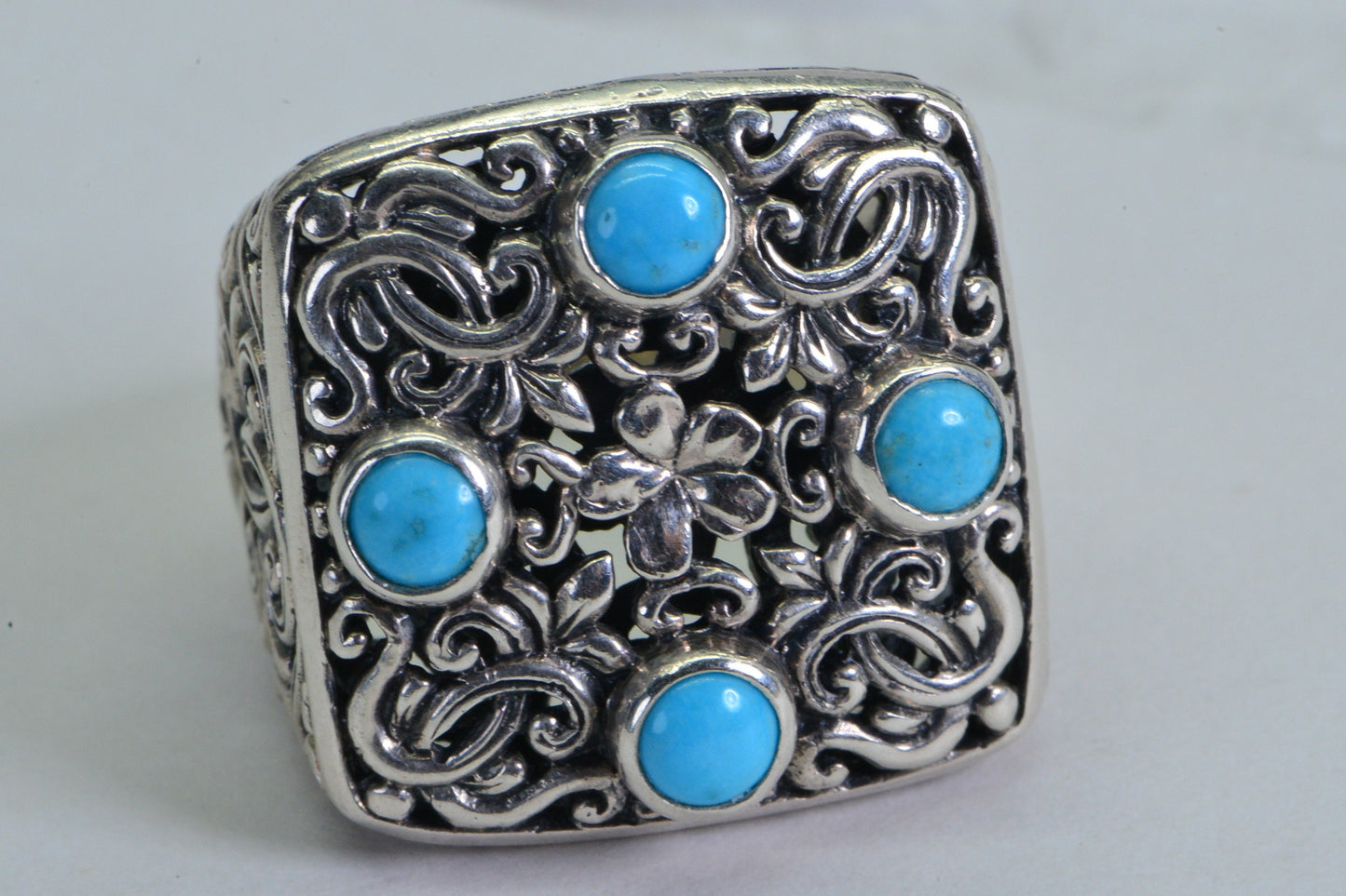Carved Sterling Silver Turquoise Ring - Size 7