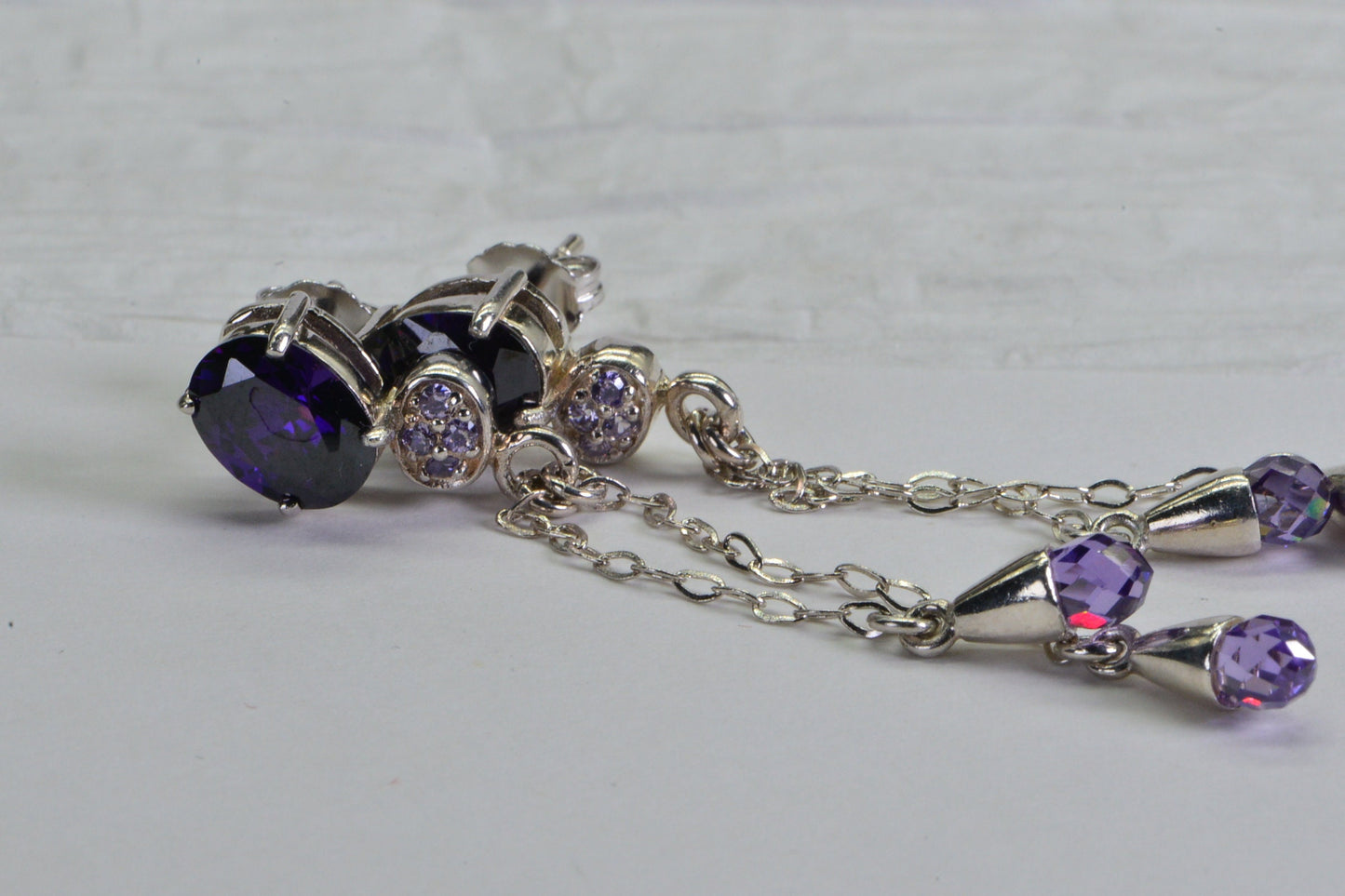 Amethyst Drop Earrings: Sterling Silver Chain Studs, February Birthstone