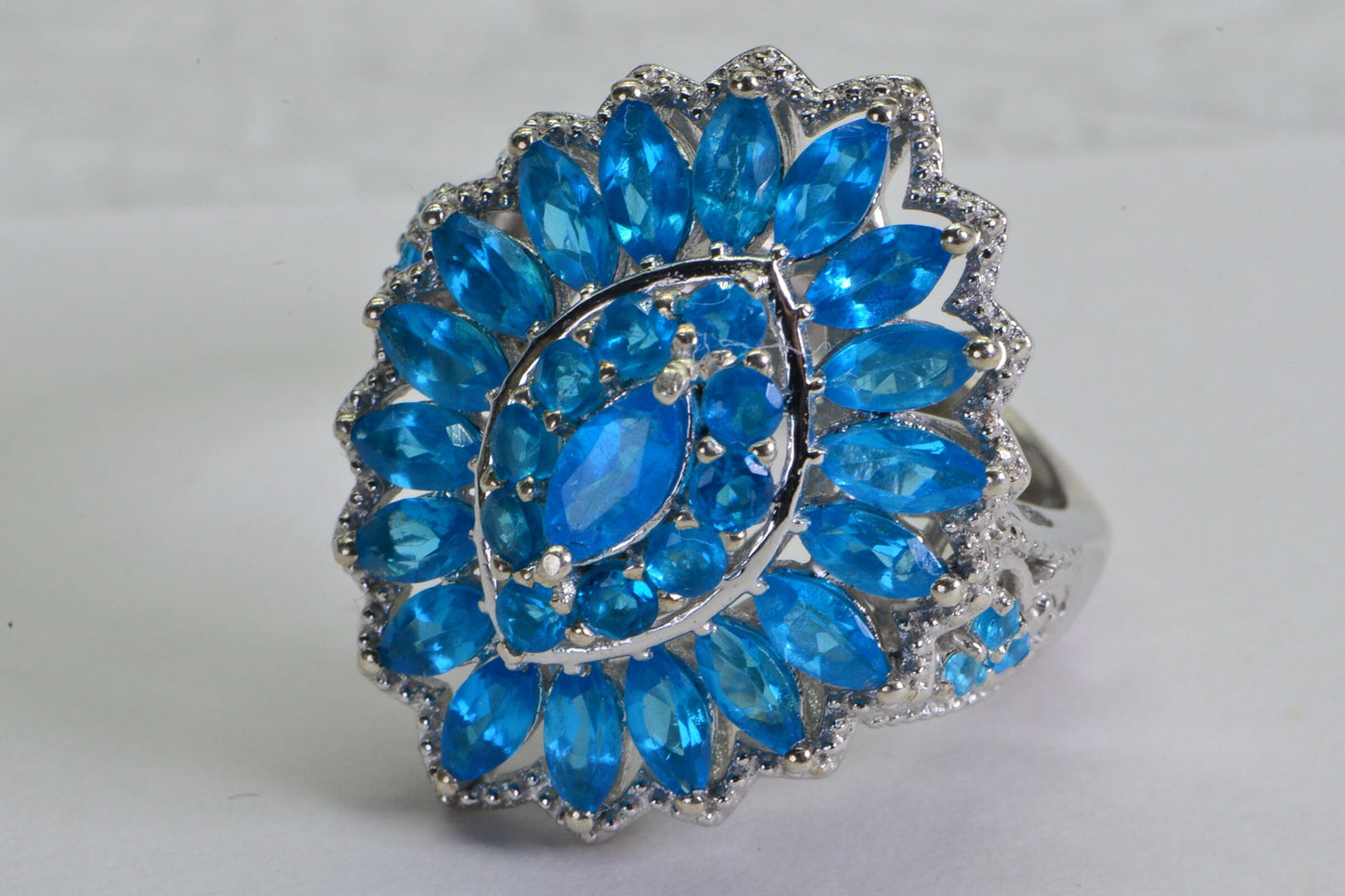 Marquise Blue Apatite Ring: Sterling Silver Double Halo Statement Ring