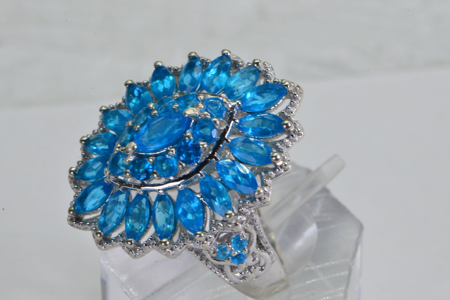 Marquise Blue Apatite Ring: Sterling Silver Double Halo Statement Ring