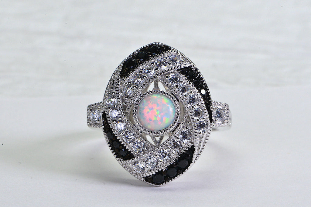 Sterling Silver Lab Opal Ring: Black & White Simulated Diamond Statement Ring