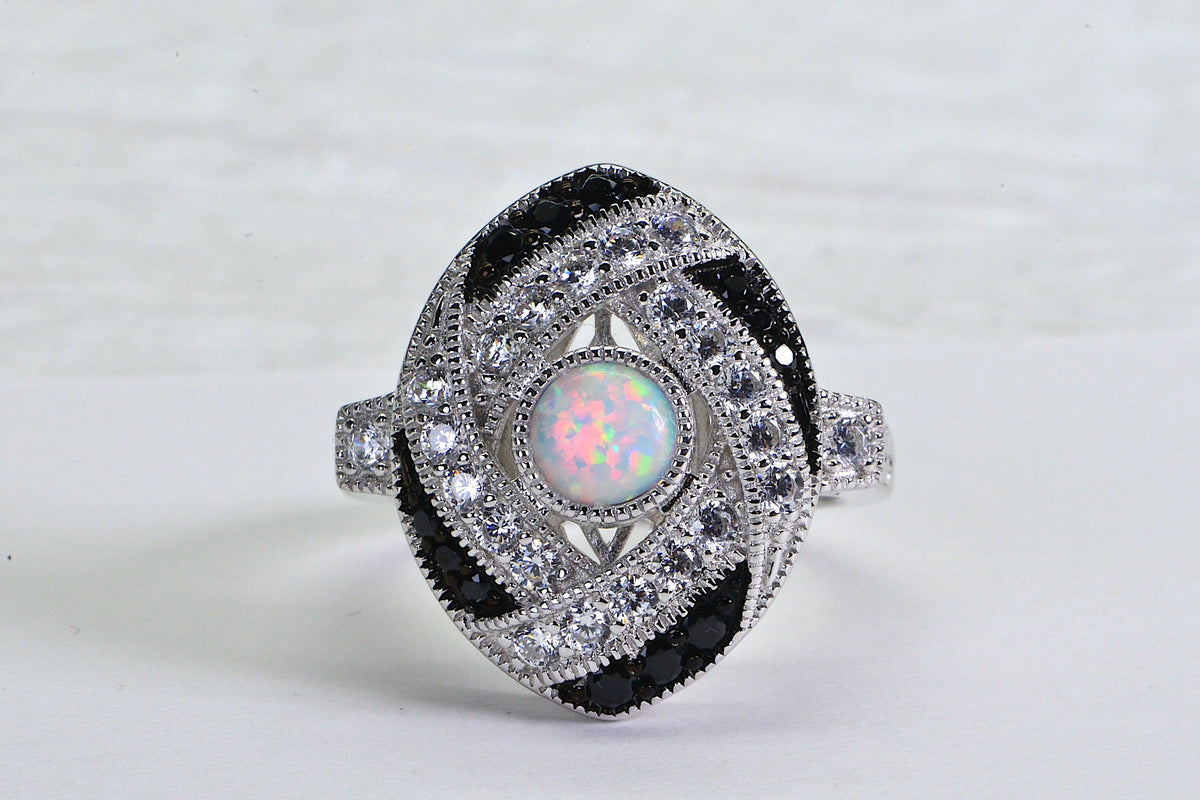 Sterling Silver Lab Opal Ring: Black & White Simulated Diamond Statement Ring