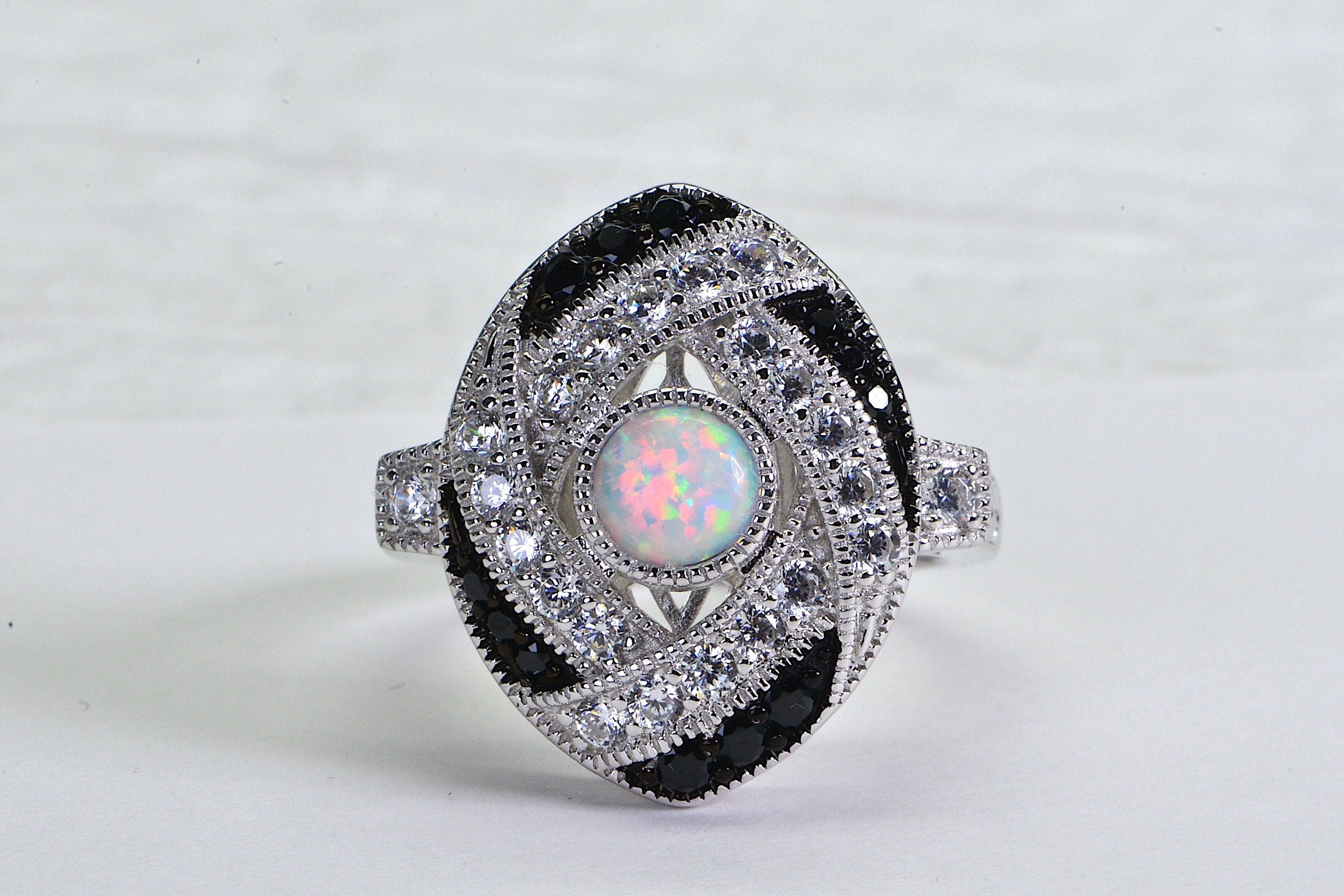 Sterling Silver Lab Opal Ring: Black & White Simulated Diamond Statement Ring