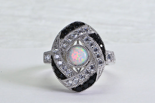Sterling Silver Lab Opal Ring: Black & White Simulated Diamond Statement Ring