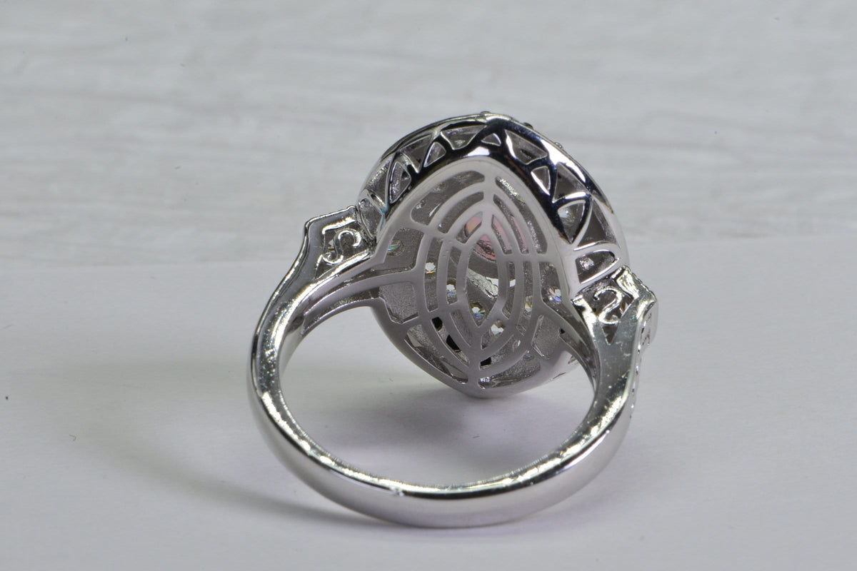 Sterling Silver Lab Opal Ring: Black & White Simulated Diamond Statement Ring