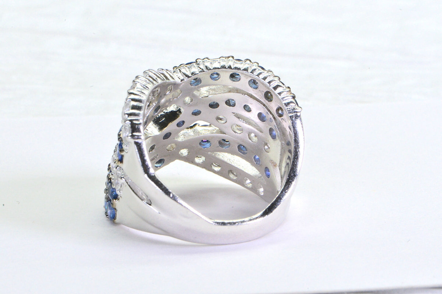 Sapphire Crossover Ring: Sterling Silver Wide Band with White Topaz