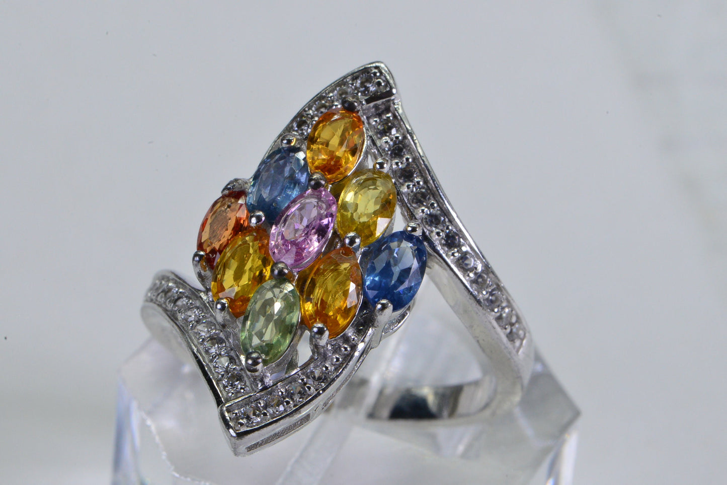 Multi Color Sapphire Ring: Sterling Silver Marquise Statement Ring